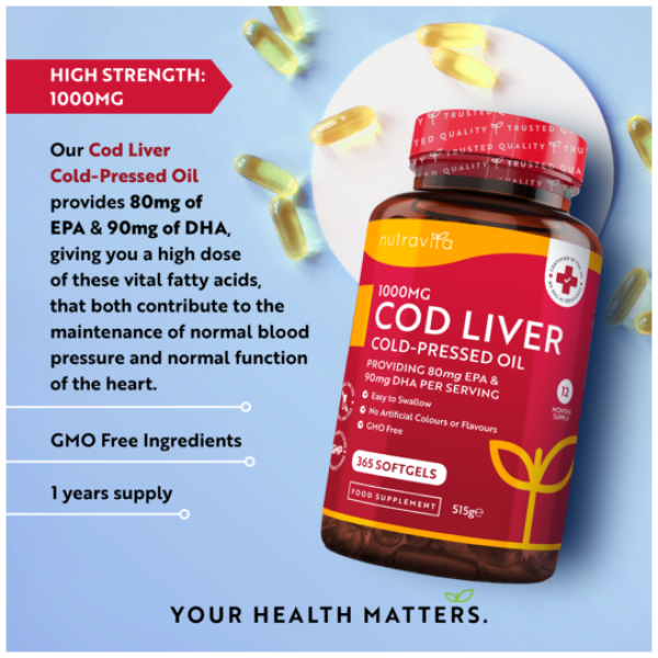 Nutravita Cod Liver Oil 1000mg Cold-Pressed Fish Oil 365 Softgels نيوترافيتا زيت كبد الحوت 1000 مجم معصور على البارد ، 365 سوفت جيل - Image 2
