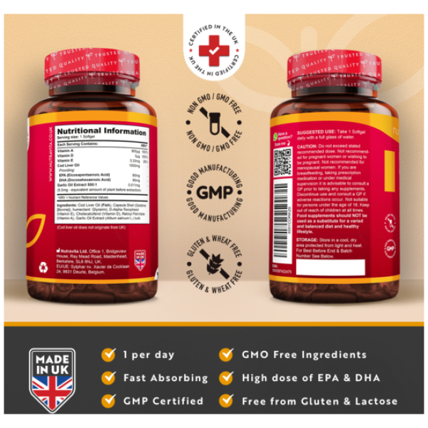 Nutravita Cod Liver Oil 1000mg Cold-Pressed Fish Oil 365 Softgels نيوترافيتا زيت كبد الحوت 1000 مجم معصور على البارد ، 365 سوفت جيل - Image 3
