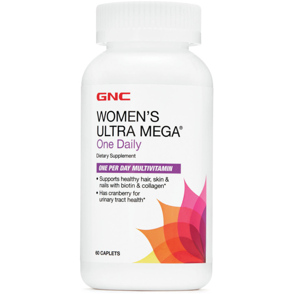 GNC Women's Ultra Mega One Daily, 60 Caplets, Supports The Specific Health Needs of Women ألترا ميجا للنساء ، فيتامينات متعددة لتحسين الصحة العامة للنساء ، البيوتين والكولاجين لصحة الشعر والجلد والأظافر ، التوت البرى لصحة الجهاز البولى ، 60 كبسولة