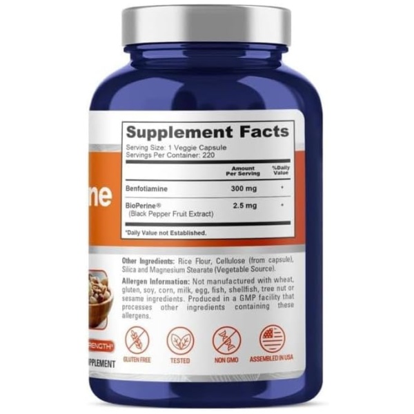 Nusapure Benfotiamine 300mg 220 Veggie Caps , Supports Healthy Blood Sugar Levels in Normal Range نوزابيور بنفوتيامين 300مجم للحفاظ على صحة الاعصاب والاعصاب الطرفيه خاصة لمرضي السكر 220 كبسولة نباتية - Image 2