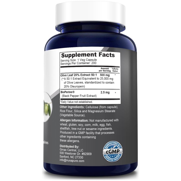 Nusapure Olive Leaf Extract 20% 200 Caps (Non-GMO & Gluten Free) 750 mg - Oleuropein - Vegetarian - Super Strength - Immune Support, Cardiovascular Health & Antioxidant Supplement - No Oil  مستخلص أوراق الزيتون 20% _ 750 مجم ، لصحة الجهاز المناعى ولصحة القلب والأوعية الدموية ومضاد للأكسدة ، 200 كبسولة - Image 2