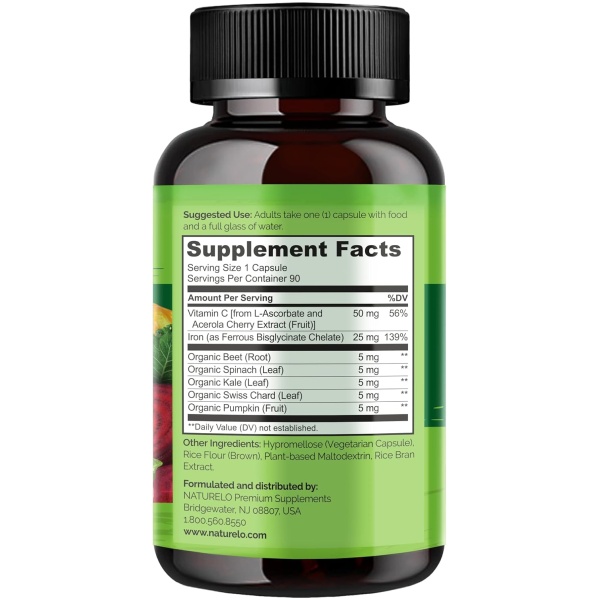 NATURELO Vegan Iron Supplement with Whole Food Vitamin C - 90 Mini Capsules - Image 2