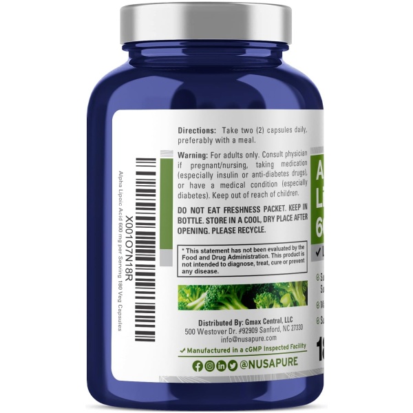 Nusapure Alpha Lipoic Acid 600mg per Caps 180 Veggie Capsules - Image 3