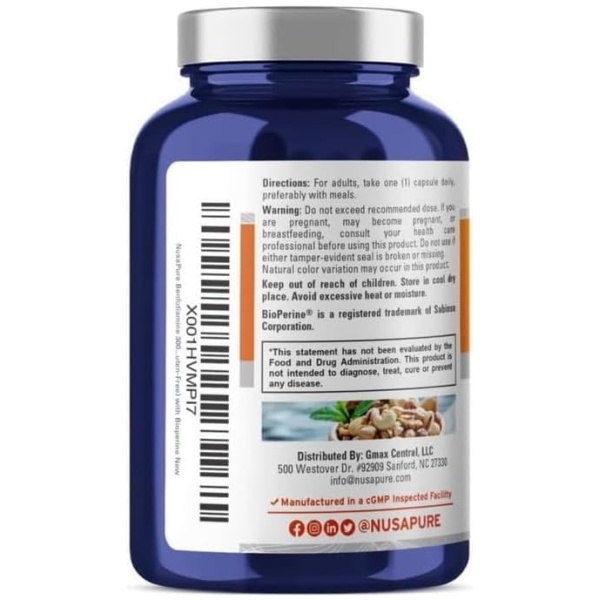 Nusapure Benfotiamine 300mg 220 Veggie Caps , Supports Healthy Blood Sugar Levels in Normal Range نوزابيور بنفوتيامين 300مجم للحفاظ على صحة الاعصاب والاعصاب الطرفيه خاصة لمرضي السكر 220 كبسولة نباتية - Image 3