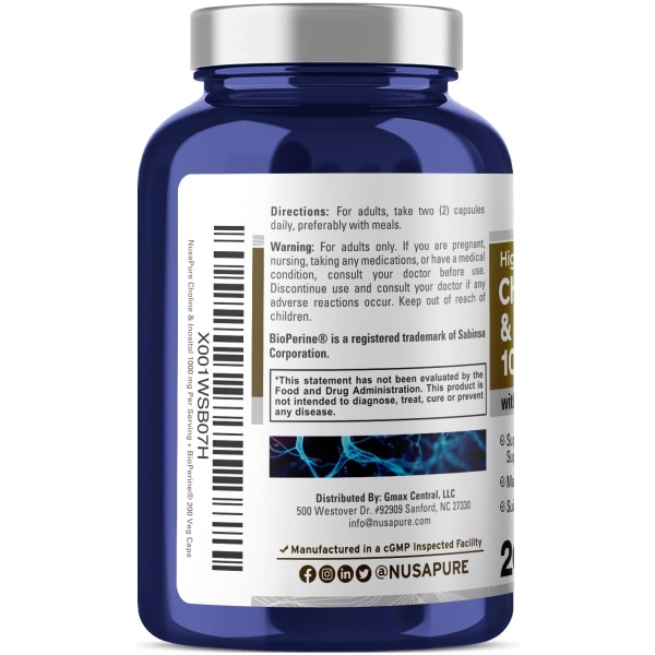 Nusapure Choline & Inositol 1000mg - 200 Veggie Caps (100% Vegetarian, Non-GMO & Gluten-Free)  الكولين والاينوزيتول 1000مجم للجرعة ، 200 كبسولة نباتية - Image 3