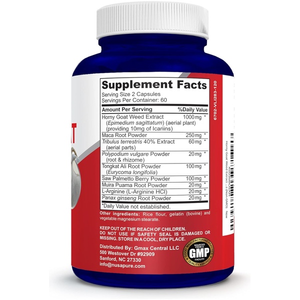 Nusapure Horny Goat Weed Extract 1000mg 120 Caps (Non-GMO & Gluten Free) Maca Root, Ginseng, Muira Puama and L-Arginine - for Men and Women - Pure Herbal Nutritional Supplement 2 Month Supply  عشب لونج جاك على 1000 مجم مع جذور الماكا والجنسنج ول_الارجنيين ، أعشاب نقية لتحسين الصحة الجنسية للرجال والنساء ، 120 كبسولة - Image 3