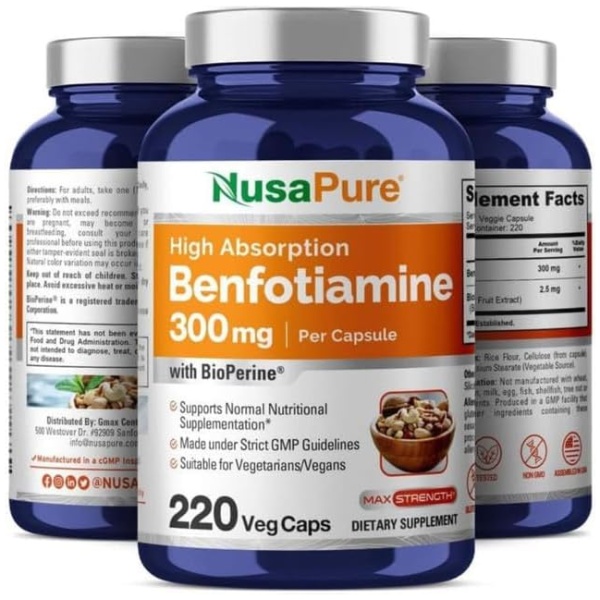 Nusapure Benfotiamine 300mg 220 Veggie Caps , Supports Healthy Blood Sugar Levels in Normal Range نوزابيور بنفوتيامين 300مجم للحفاظ على صحة الاعصاب والاعصاب الطرفيه خاصة لمرضي السكر 220 كبسولة نباتية - Image 4