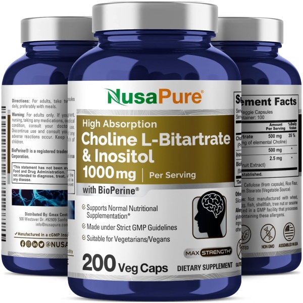 Nusapure Choline & Inositol 1000mg - 200 Veggie Caps (100% Vegetarian, Non-GMO & Gluten-Free)  الكولين والاينوزيتول 1000مجم للجرعة ، 200 كبسولة نباتية - Image 4