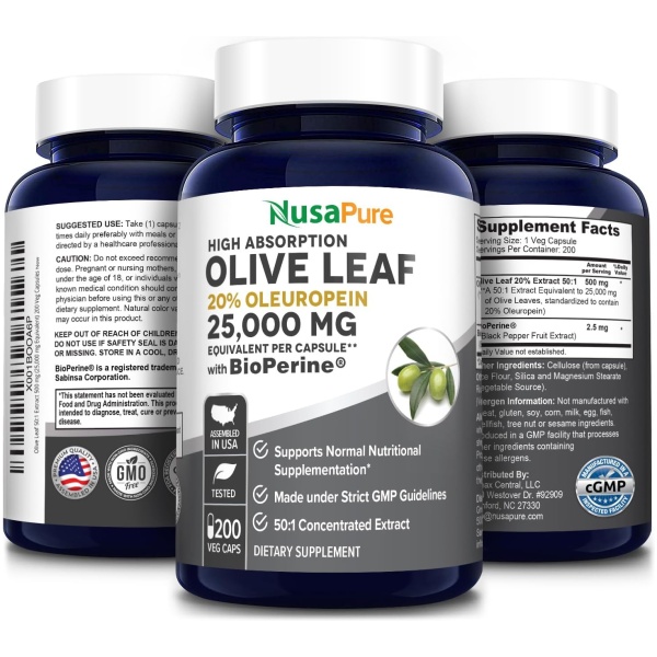 Nusapure Olive Leaf Extract 20% 200 Caps (Non-GMO & Gluten Free) 750 mg - Oleuropein - Vegetarian - Super Strength - Immune Support, Cardiovascular Health & Antioxidant Supplement - No Oil  مستخلص أوراق الزيتون 20% _ 750 مجم ، لصحة الجهاز المناعى ولصحة القلب والأوعية الدموية ومضاد للأكسدة ، 200 كبسولة - Image 4