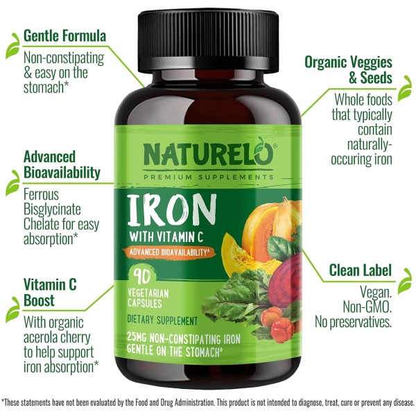 NATURELO Vegan Iron Supplement with Whole Food Vitamin C - 90 Mini Capsules - Image 3