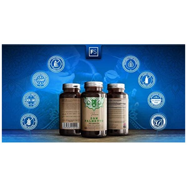 FS Saw Palmetto Capsules High Strength 320mg with Added Zinc 15mg | Saw Palmetto Extract (20:1) | 180 Vegan Capsules - 6 Month Supply | Gluten Free | Made in The UK in ISO Licensed Facilities بالميتو المنشار 320 مجم للكبسولة بنسبة إستخلاص 1: 20 مع الزنك 15 مجم ، 180 كبسولة بناتية ، تكفى لمدة 6 أشهر - Image 2