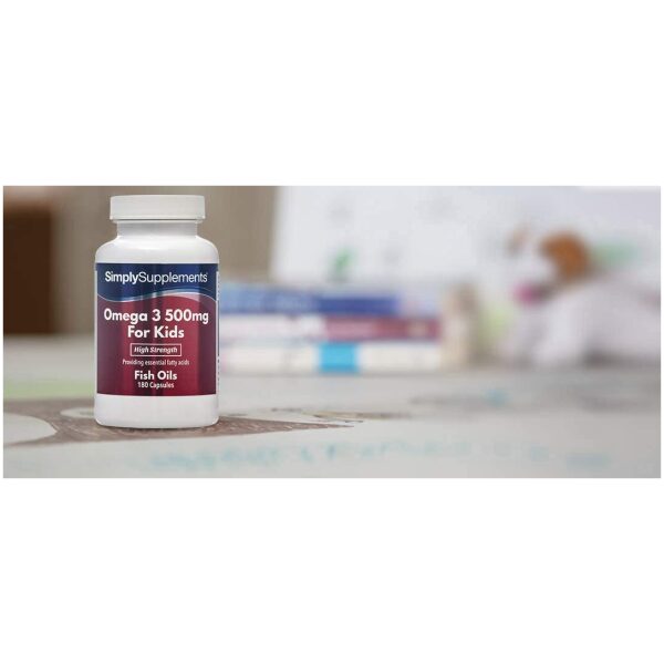 Simply Supplements High Strength & Pure Omega 3 500mg for Kids | for Aged 5-14 Years | 180 Capsules | 100% Money Back Guarantee  سمبلى سبلايمنتيز أوميجا 3 ، 500 مجم للأطفال من سن 5 : 14 سنة ، 180 كبسولة - Image 3