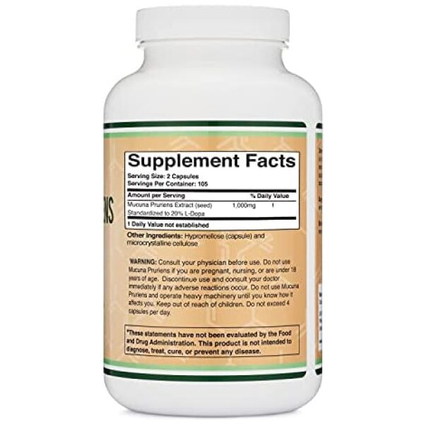 Double wood supplements Mucuna Pruriens Extract - Dopamine Boosting Supplement - 210 Capsules, 1,000mg Per Serving, 20% L Dopa (from Velvet Beans) (for Mood and Motivation Support) - Image 2