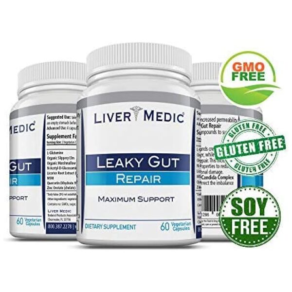 Liver Medic Leaky Gut Supports Relief of Heartburn. Bloating, Gas, Constipation, SIBO. Contains L-Glutamine, Slippery Elm, Zinc, NAG كبسولات إصلاح الأمعاء متسربه ، لعلاج حرقان المعدة والإنتفاخ والغازات والإمساك والإسهال ،60 كبسولة - Image 2