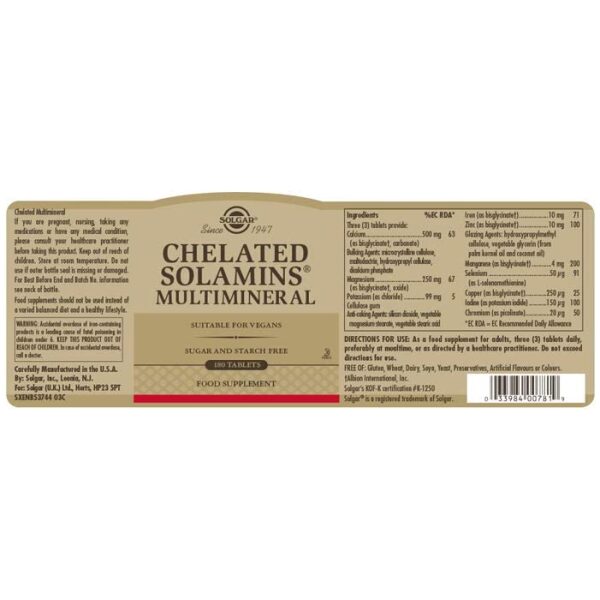Solgar Chelated Solamins Multimineral Tablets - Pack of 180سولجر كيلاتيد سولامين ، معادن متعددة _ 180 حباية - Image 3