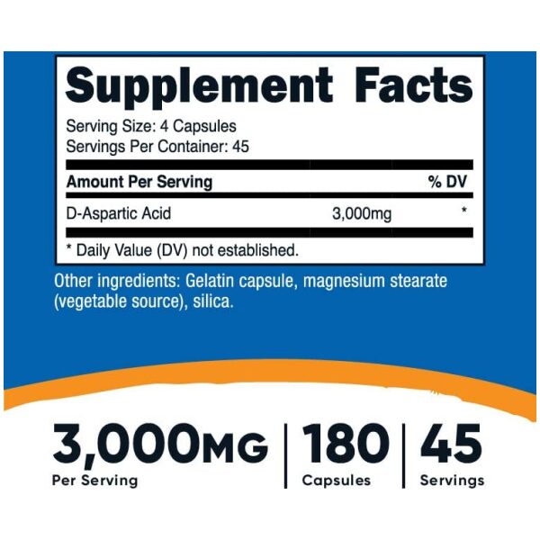 Nutricost D-Aspartic Acid (DAA) Capsules 3000mg Per Serving (180 Capsules) - Image 3