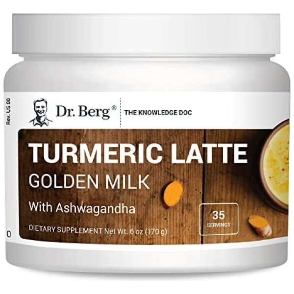 Dr. Berg's Turmeric Latte (35 Servings) - Golden Milk with Ashwagandha Brain, Energy, Focus, and Stress Support - Golden Milk Powder Super Blend of Organic Spices and Herbs - Keto Friendly 6 oz.