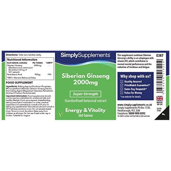 Simply Supplements Siberian Ginseng 2000mg | 360 Tabletsالجنسنج السيبيري 360 كبسولة بتركيز 2000 مج - Image 3