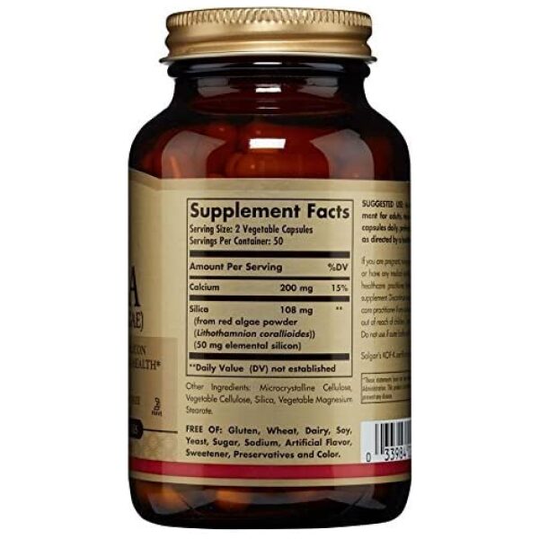 Solgar Oceanic Silica from Red Algae 25 mg, 100 Vegetable Capsules - Excellent Source of Calcium, Supports Bone Health - Non-GMO, Vegan, Gluten Free, Dairy Free, Kosher - 50 Servings سولجر سيليكون 50 مجم للجرعة من الطحالب الحمراء بالمحيط ، مصدر ممتاز للكالسيوم ، لدعم صحة العظام ، 100 كبسولة نباتية - Image 4