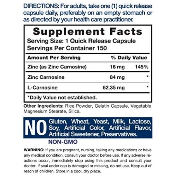 Zinc Carnosine Supplement | 84mg per Capsule | 150 Count | Non-GMO & Gluten Free | by Horbaach ارنوسين الزنك | 84 ملغ لكل كبسولة | 150 قطعة | خالٍ من العناصر المعدلة وراثيًا والغلوتين | من هورباتش - Image 3