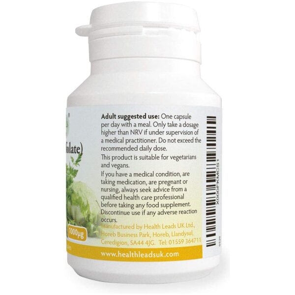 Health Leads Folate (L-Methylfolate) 1000μg x 90 Capsules, 5-MTHF Active Form of Folic Acid/Vitamin B9 فولات ( ل_فولات الميثيل) 1000 ميكروجرام الشكل النشط لفيتامين ب9 (حمض الفوليك) 90 كبسولة - Image 2