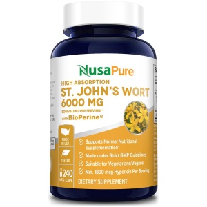 Nusapure St. John's Wort 600mg 240 Veggie Capsules - 600 Hypericin Saint Jopression Support (600mg per Capsule)  نبتة سانت جون الأعلى تركيز 6000 مجم للجرعة ، لتحسين المزاج ، وعلاج القلق والاكتئاب ، 240 كبسولة نباتية
