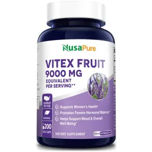 Nusapure Vitex Chasteberry Fruit 20:1 Extract 9,000 mg -200 Veggie Caps 200 Days Supply (Non-GMO & Gluten Free) - Woman’s Health Supplement Supporting Hormonal Balance & PMS Symptoms*  فاكهة فيتكس العضوية 9,000 مجم للكبسولة ، إستخلاص 1:20 ، مكمل غذائى لتحسين صحة المرآه ، ولدعم التوازن الهرمونى وأعراض الدورة الشهرية ، 200 كبسولة نباتية