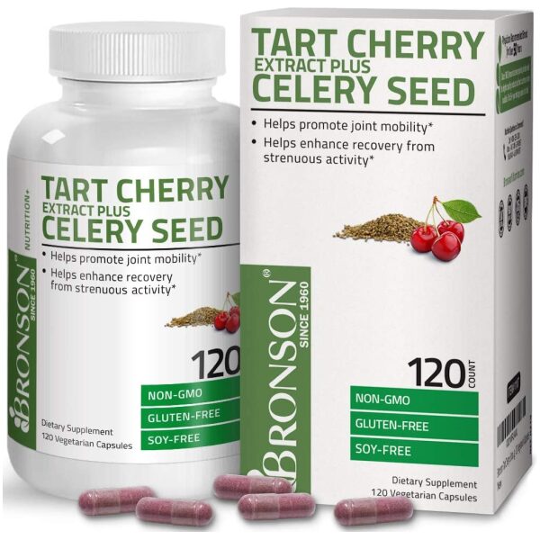 Bronson Tart Cherry Extract + Celery Seed Capsules - Powerful Uric Acid Cleanse, Joint Mobility Support & Muscle Recovery Supplement - Non GMO Formula, 120 Vegetarian Capsules  كبسولات الكرز مع بذور الكرفس، لتطهير الجسم من حمض اليوريك، ولصحة المفاصل والعضلات، 120 كبسولة نباتية - Image 4
