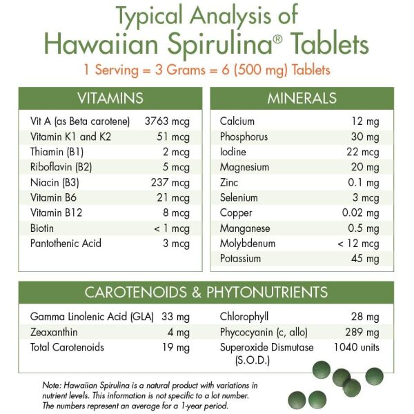 nutrex Pure Hawaiian Spirulina - 500 mg Tablets 400 Count - Farm Grown in Hawaii since 1984 - Natural, Nutrient Rich Superfood - Immune Support, Detox & Energy – Vegan Complete Protein, Non-GMO  اسبريولينا النقية 500 مجم، 400 قطعة نباتية طبيعية ، غذاء خارق لصحة الإنسان وغنية بالمغذيات و الأحماض الأمينية والفيتامينات والعناصر المعدنية، زيادة إنتاج الطاقة، ولصحة الجهاز المناعى - Image 4