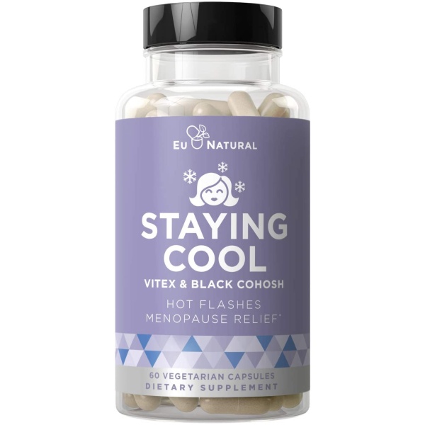 Eu Natural Staying Cool Hot Flashes & Menopause Natural Relief – Hormonal Weight Support, Night Sweats, Disturbed Sleep, Mood Swings – Vitex Chaste Tree & Black Cohosh Pills – 60 Vegetarian Soft Capsules إبقى هادئة ، مكملات سن اليأس لتقليل الهبات الساخنة والتعرق الليلى ، وتحسين الحالة المزاجية ، جميع المكونات طبيعية مع كوهوش السوداء ، 60 سوفت جل