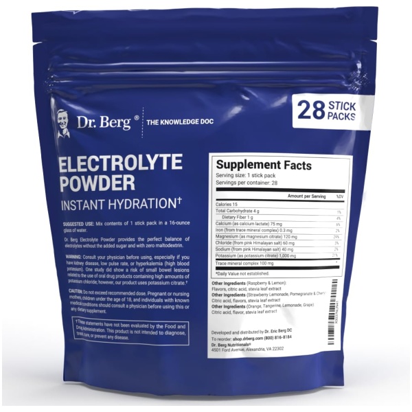 Dr. Berg's Electrolyte Powder Packets - Travel Size Hydration Drink Mix Supplement -13x Potassium - Boost Energy & Keto-Friendly - NO Maltodextrin, Sugar & Carb-Free - Raspberry Lemon Flavor 30 Counts <br/> دكتور بيرج الكتروليت بودر 28 باكيت،7 نكهات كل نكهة 4 باكيت - Image 2