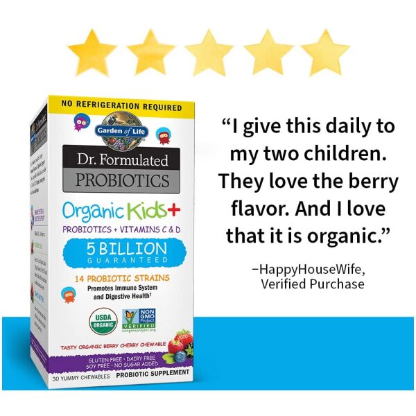 Garden of Life Dr. Formulated Probiotics Organic Kids+ plus Vitamin C, 30 Chewable<br/>بروبيوتيك عضوى للأطفال مع فيتامين ج وفيتامين د لصحة الجهاز الهضمى والجهاز المناعى ، 30 قطعة قابلة للمضغ - Image 5
