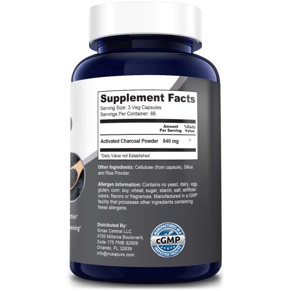 Nusapure Activated Charcoal 840 mg- 200 Veggie Capsules - Image 6