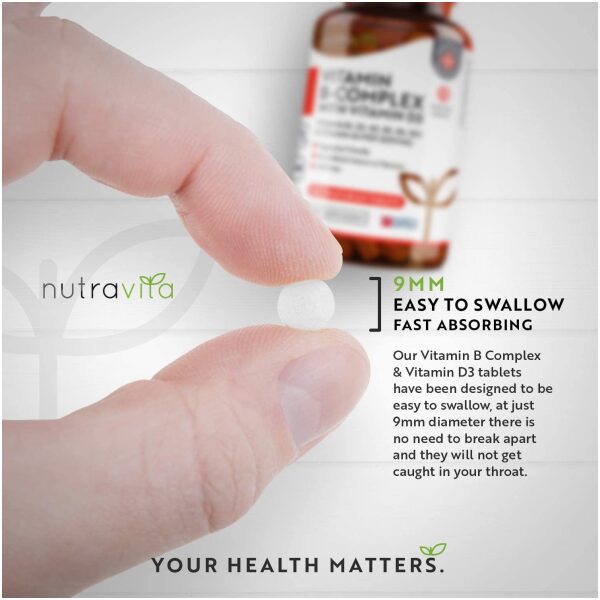 Nutravita Vitamin B Complex 1 Year Supply Enriched with Vitamin D - Vegetarian Tablets - 8 Bio-Available Forms of High Strength B Vitamins Including Biotin, VIT B1 B2 B3 B5 B6 B12  نيوترافيتا ، فيتامين ب مركب مع فيتامين د _ يكفى لمدة عام _ متوفر بيولوجيا ، عالى التركيز كبسولات نباتية - Image 3