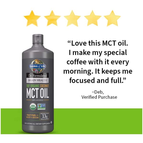 Garden of Life Dr. Formulated Brain Health 100% Organic Coconut MCT Oil 32 fl oz Unflavored, 13g MCTs, Keto & Paleo Diet Friendly Body & Brain Fuel,<br/> جاردين  اوف لايف ، زيت م س ت من جوز الهند العضوى 100%، لصحة المخ ووقود سريع للجسم والمخ ، 946 مل - Image 3