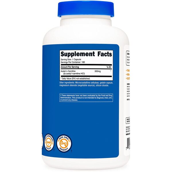 Nutricost Acetyl L-Carnitine 500mg, 180 Capsules - Non-GMO and Gluten Free اسيتيل ل_ كارنيتين 500 مجم ، لفقدان الوزن ، وزيادة إنتاج الطاقة ، 180 كبسولة - Image 2