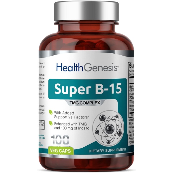 Health Genesis Super B-15 100 Vcaps - Niacin Calcium Choline Inositol DMG TMG - Supports Healthy Oxygen Energy Levels سوبر فيتامين ب15 لدعم مستوى الأكسجين ولدعم مستوى الطاقة ، 100 كبسولة نباتية - Image 2