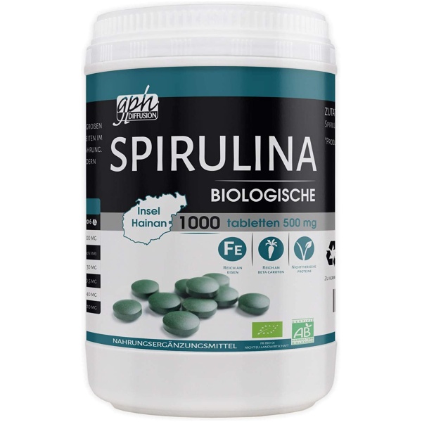 GPH Organic Spirulina - 500 mg per Tablet - 1000 Tabletsاسبريولينا عضوية - غذاء خارق لصحة الجسم - 1000 قرص بتركيز 500 مج للقرص