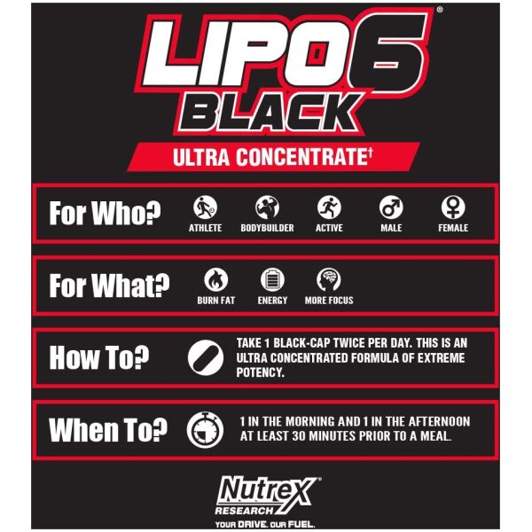Nutrex Research Lipo-6 Black Ultra Concentrate for Men | Thermogenic Energizing Fat Burner Supplement | 60 Count نوتريكس ريسيرش ليبو6 الأسود للرجال لحرق الدهون ولزيادة فقدان الوزن ، 60 قطعة - Image 8