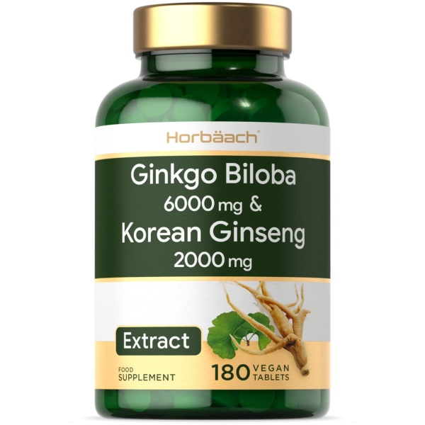 Ginkgo Biloba 6000mg & Korean Panax Ginseng 2000mg | 180 Vegan Tablets | High Strength | Non-GMO, Gluten Free Supplement | No Artificial Preservatives