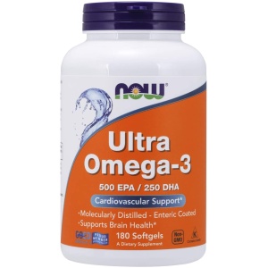 NOW Ultra Omega-3 Molecularly Distilled and Enteric Coated, 750mg Omega-3, 180 Softgels  ناو ، أوميجا3 750 مجم من زيت السمك ، لصحة القلب والمخ ، 180 سوفت جيل
