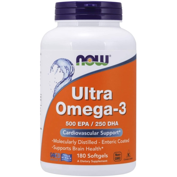 NOW Ultra Omega-3 Molecularly Distilled and Enteric Coated, 750mg Omega-3, 180 Softgels  ناو ، أوميجا3 750 مجم من زيت السمك ، لصحة القلب والمخ ، 180 سوفت جيل