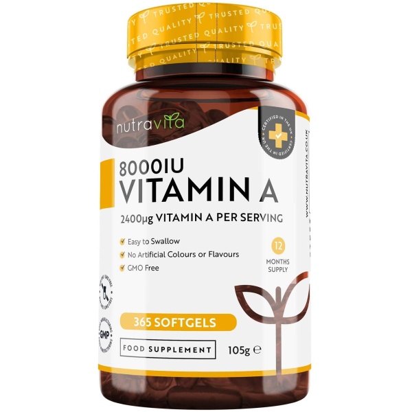 Nutravita Vitamin A 8000IU – Maintenance of The Immune System, Normal Vision and Skin – 2400 μg of Vitamin A per Softgel Capsule – 365 Softgel Capsules  نيوترافيتا فيتامين ا 8000 وحده دوليه ، لصحة الجهاز المناعى والرؤية والجلد، 365 كبسولة
