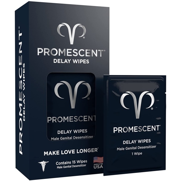 Promescent Delay Wipes Sexual Enhancer for Men to Last Longer in Bed, Extended Climax Control with Benzocaine for Male Genital Desensitizing - Increase Duration, Performance, and Stamina, 15 Count