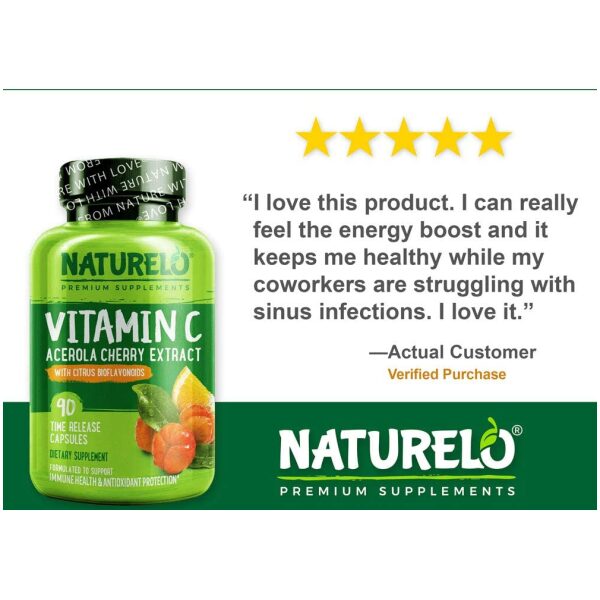 NATURELO Vitamin C with Organic Acerola Cherry and Natural Citrus Bioflavonoids - Whole Food Vegan Supplement 500 mg - 90 Capsules  ناتشرلو _فيتامين ج + الكرز الهند العضوى وبيوفلافونويد للحمضيات الطبيعية ، مكمل غذائى نباتى بالكامل 500 مجم ، 90 كبسولة - Image 5
