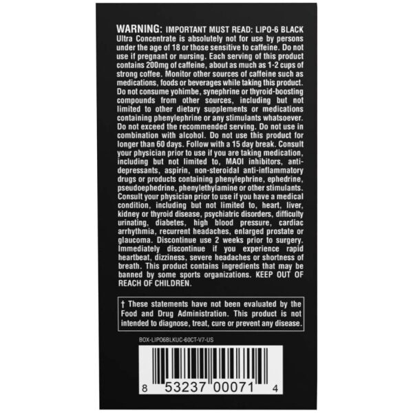 Nutrex Research Lipo-6 Black Ultra Concentrate for Men | Thermogenic Energizing Fat Burner Supplement | 60 Count نوتريكس ريسيرش ليبو6 الأسود للرجال لحرق الدهون ولزيادة فقدان الوزن ، 60 قطعة - Image 7